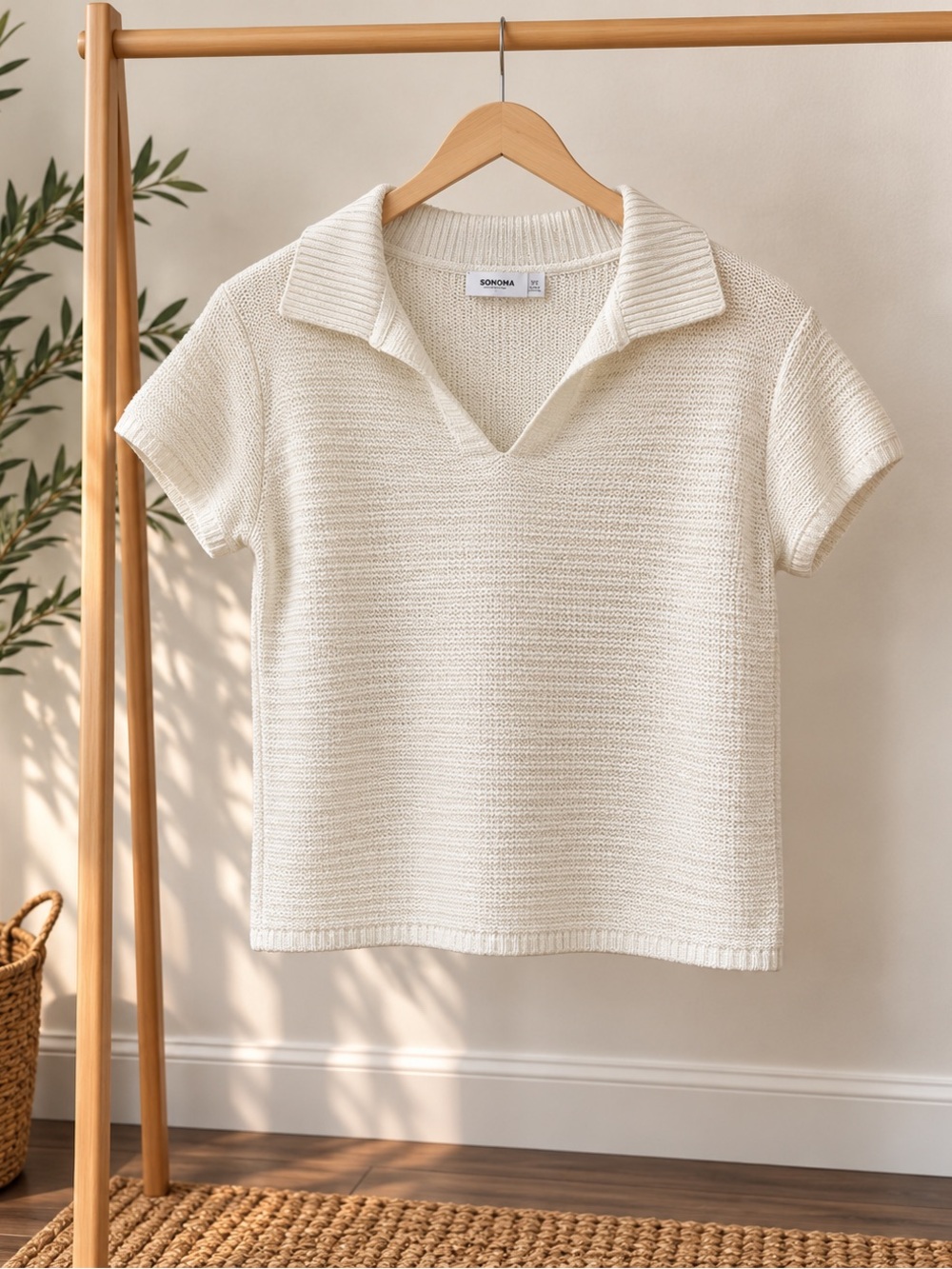Sonoma Ivory Knit Short-Sleeve Polo Sweater